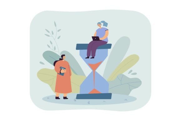 Tiny Girl Sitting on Hourglass with Laptop: A Visual Metaphor for Modern Time Management
